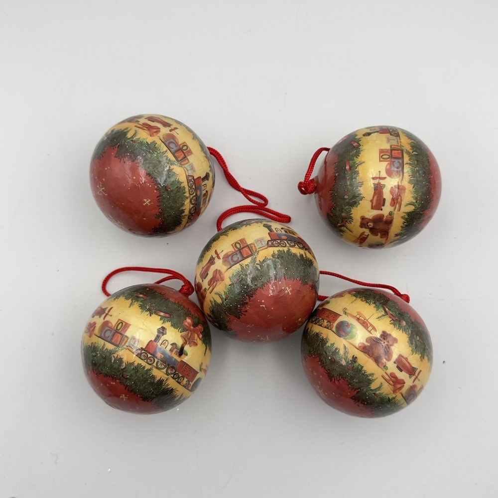 Vintage Christmas Ornament Set of 5 Paper Mache‎ Childrens Train Blocks Red Gold